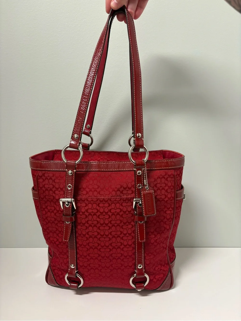 Vintage 2006 Y2K Red Signature Gallery Tote Red Jacquard F12344